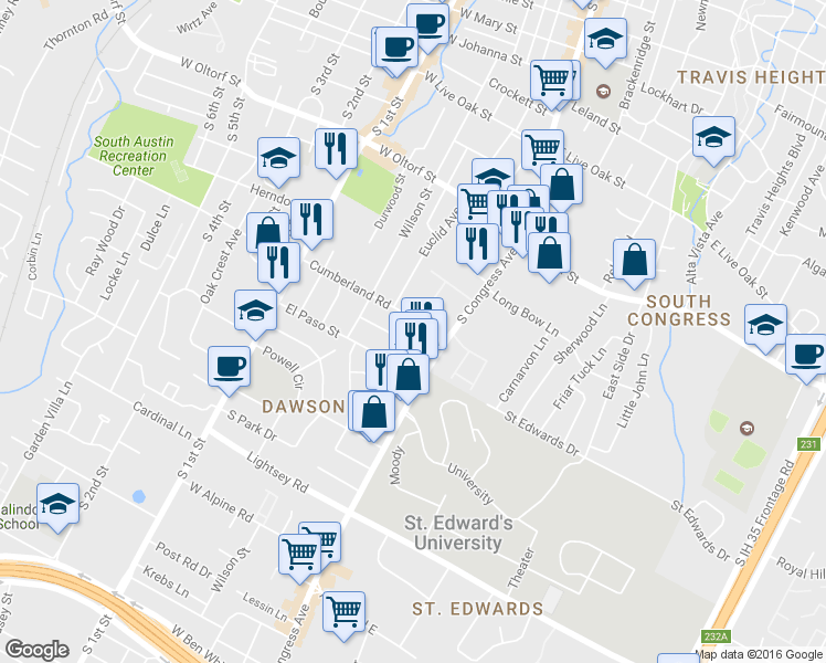 map of restaurants, bars, coffee shops, grocery stores, and more near 111 Cumberland Road in Austin