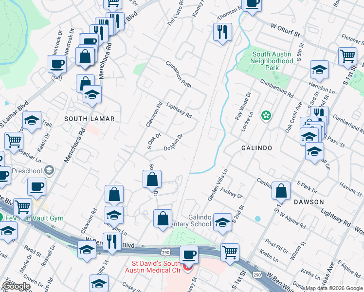 map of restaurants, bars, coffee shops, grocery stores, and more near 1403 Valleyridge Drive in Austin