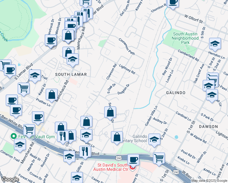 map of restaurants, bars, coffee shops, grocery stores, and more near 3406 Dolphin Drive in Austin
