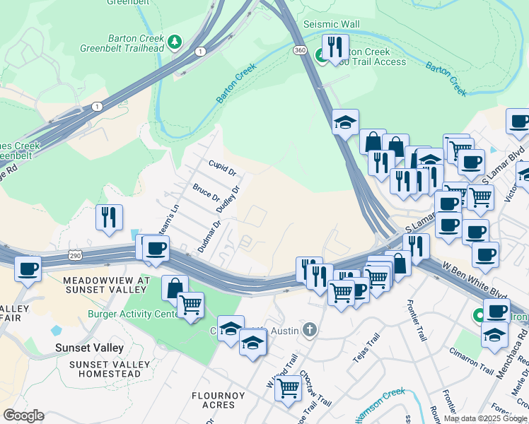 map of restaurants, bars, coffee shops, grocery stores, and more near 4501 Dudmar Drive in Austin