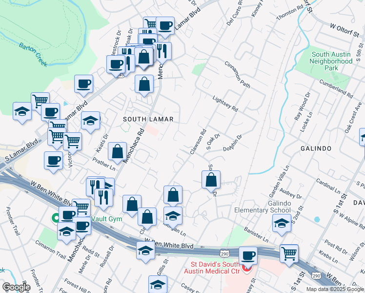 map of restaurants, bars, coffee shops, grocery stores, and more near 3508 1/2 Clawson Road in Austin