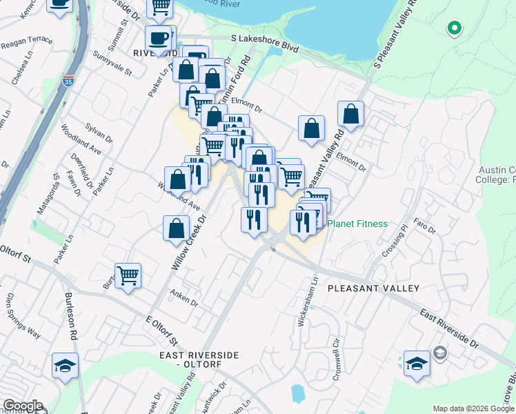 map of restaurants, bars, coffee shops, grocery stores, and more near 2426 East Riverside Drive in Austin