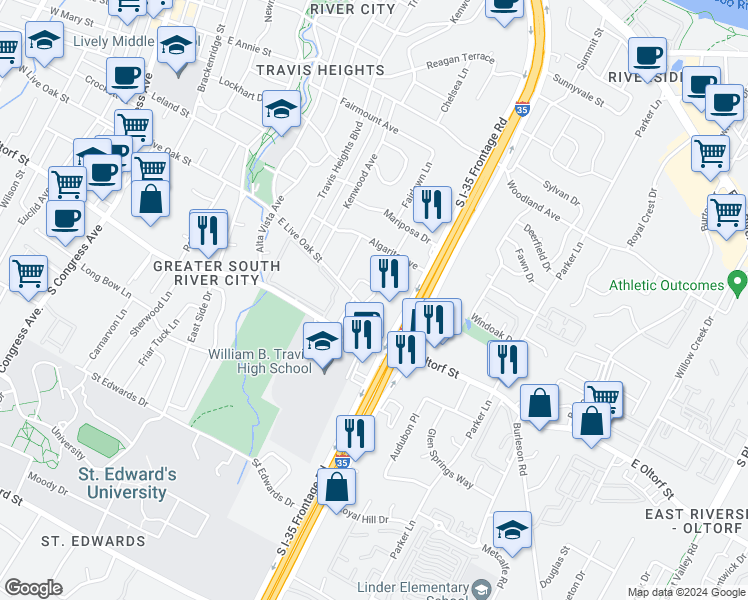map of restaurants, bars, coffee shops, grocery stores, and more near 2148 Sage Creek Loop in Austin