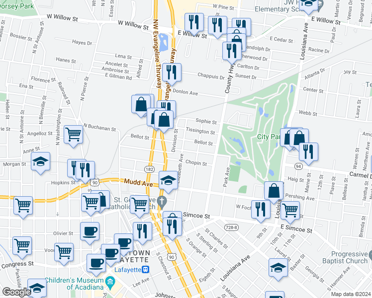 map of restaurants, bars, coffee shops, grocery stores, and more near 503 Goldman Street in Lafayette