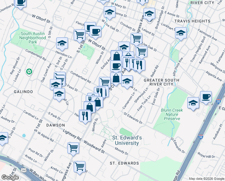map of restaurants, bars, coffee shops, grocery stores, and more near 2701 South Congress Avenue in Austin