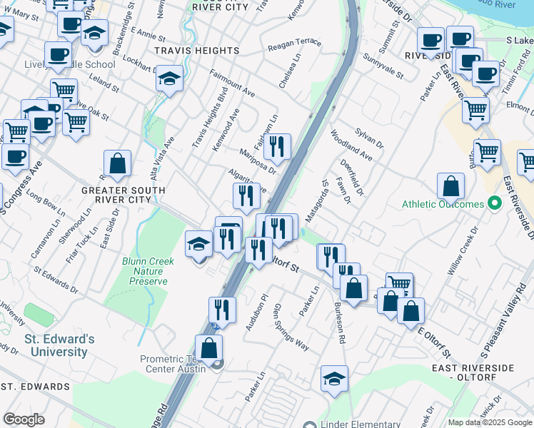 map of restaurants, bars, coffee shops, grocery stores, and more near Interstate 35 in Austin