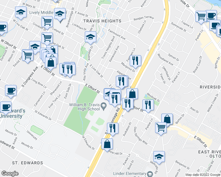 map of restaurants, bars, coffee shops, grocery stores, and more near 1213 East Live Oak Street in Austin