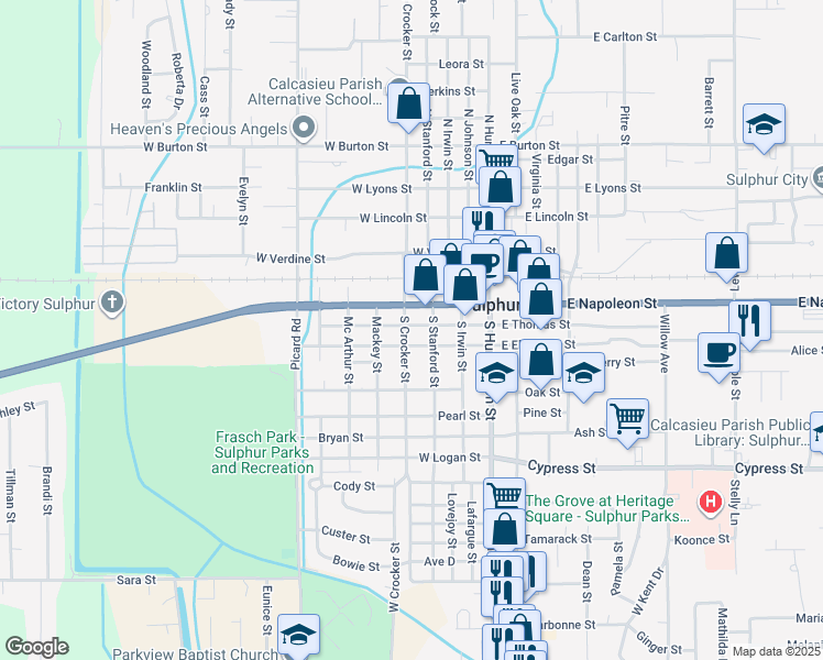 map of restaurants, bars, coffee shops, grocery stores, and more near 412 West Elizabeth Street in Sulphur