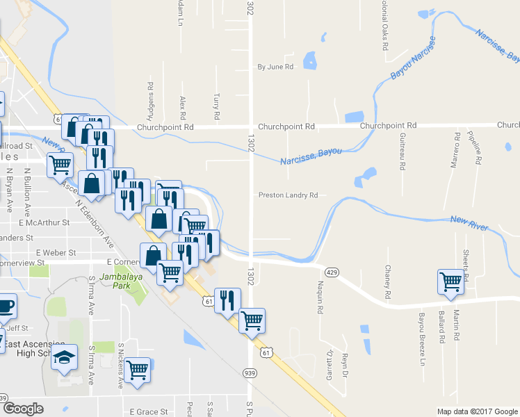 map of restaurants, bars, coffee shops, grocery stores, and more near 11370 Roddy Road in Gonzales