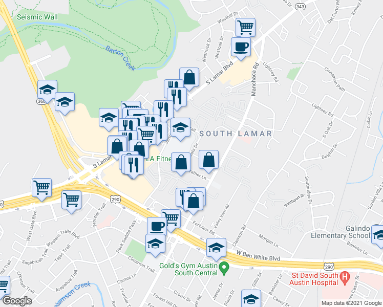 map of restaurants, bars, coffee shops, grocery stores, and more near Keats Drive in Austin