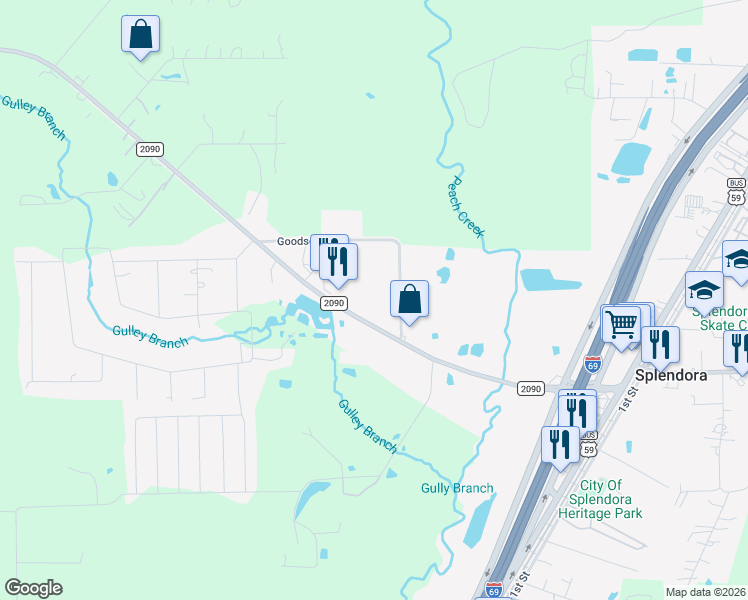 map of restaurants, bars, coffee shops, grocery stores, and more near 25165 Farm to Market Road 2090 in Splendora