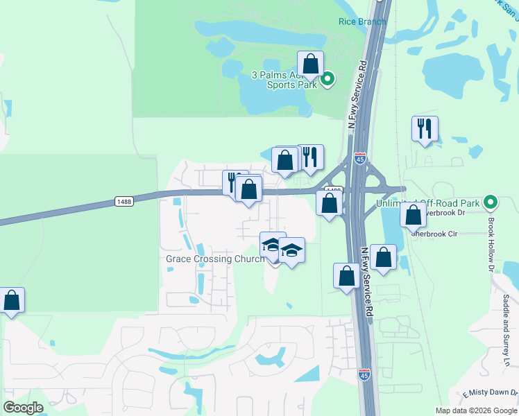 map of restaurants, bars, coffee shops, grocery stores, and more near 369 Farm to Market Road 1488 in Conroe