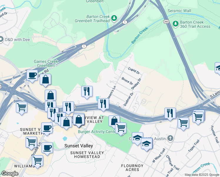 map of restaurants, bars, coffee shops, grocery stores, and more near 4604 Stearn's Lane in Sunset Valley