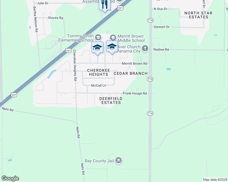 map of restaurants, bars, coffee shops, grocery stores, and more near 5736-5754 Frank Hough Road in Panama City