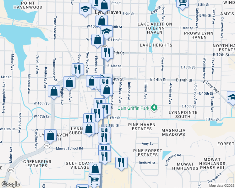 map of restaurants, bars, coffee shops, grocery stores, and more near 201 East 15th Street in Lynn Haven
