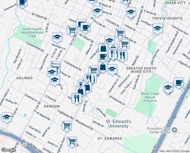 map of restaurants, bars, coffee shops, grocery stores, and more near in Austin