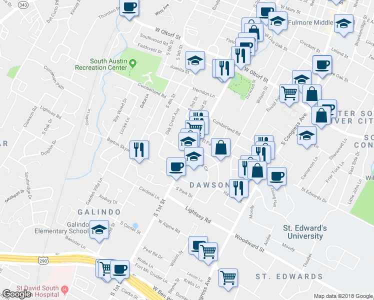map of restaurants, bars, coffee shops, grocery stores, and more near 3000 South 1st Street in Austin