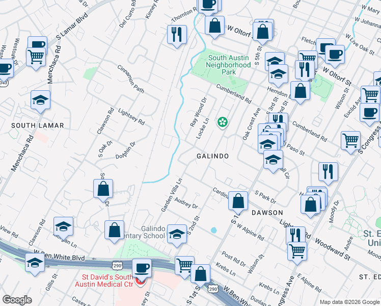map of restaurants, bars, coffee shops, grocery stores, and more near 3204 Garden Villa Lane in Austin