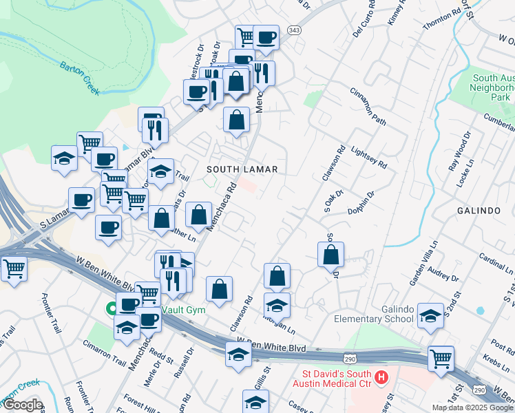 map of restaurants, bars, coffee shops, grocery stores, and more near 7 Valley View Road in Austin