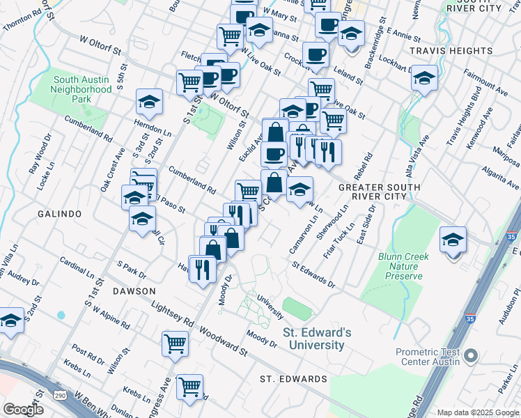 map of restaurants, bars, coffee shops, grocery stores, and more near 2622 South Congress Avenue in Austin