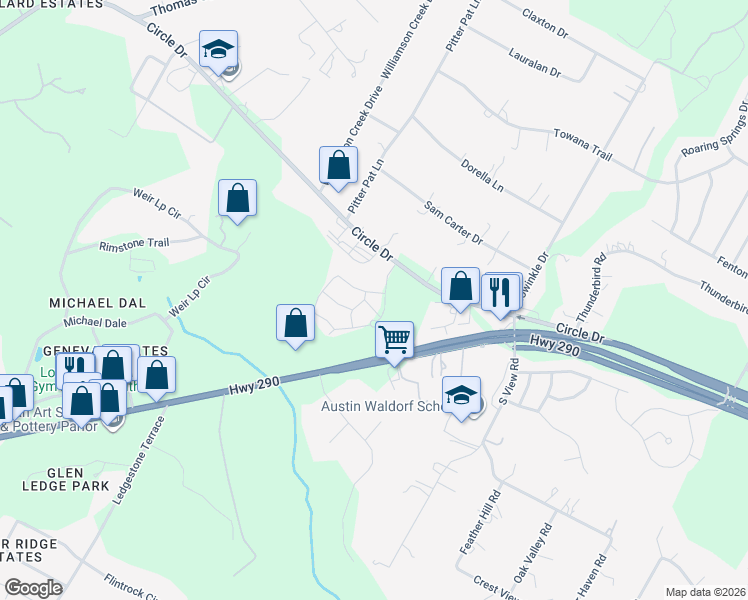 map of restaurants, bars, coffee shops, grocery stores, and more near 8800 Highway 290 West in Austin