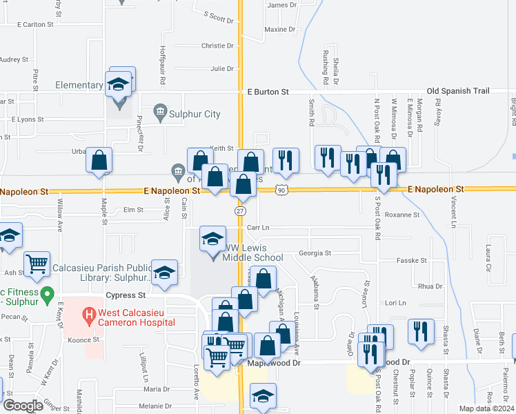 map of restaurants, bars, coffee shops, grocery stores, and more near 306 Ellender Street in Sulphur