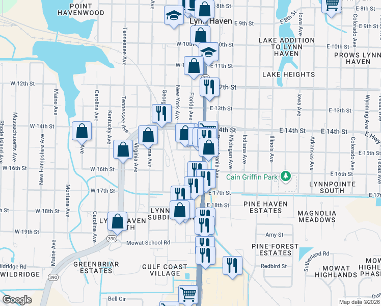 map of restaurants, bars, coffee shops, grocery stores, and more near 1509 Florida Avenue in Lynn Haven