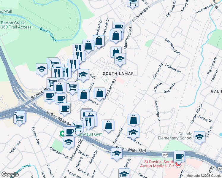 map of restaurants, bars, coffee shops, grocery stores, and more near 3804 Manchaca Road in Austin