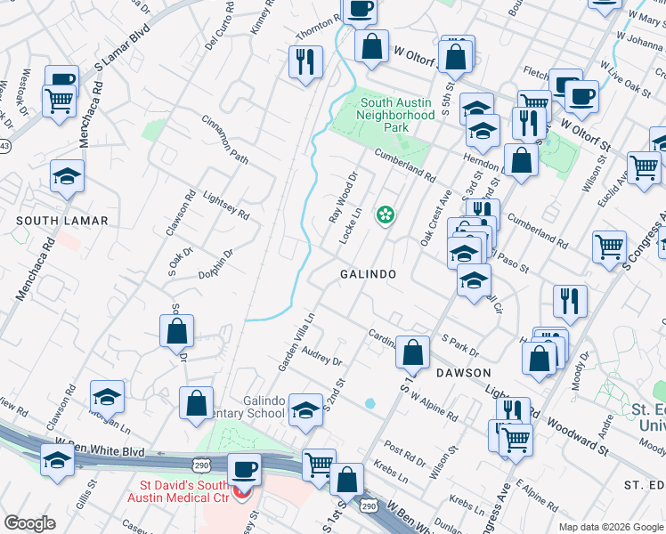 map of restaurants, bars, coffee shops, grocery stores, and more near 3204 Garden Villa Lane in Austin