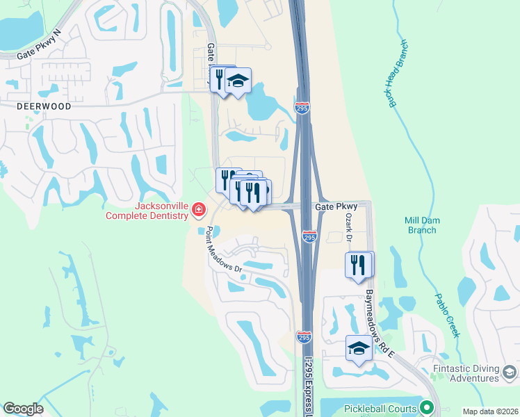 map of restaurants, bars, coffee shops, grocery stores, and more near 8539 Gate Parkway in Jacksonville
