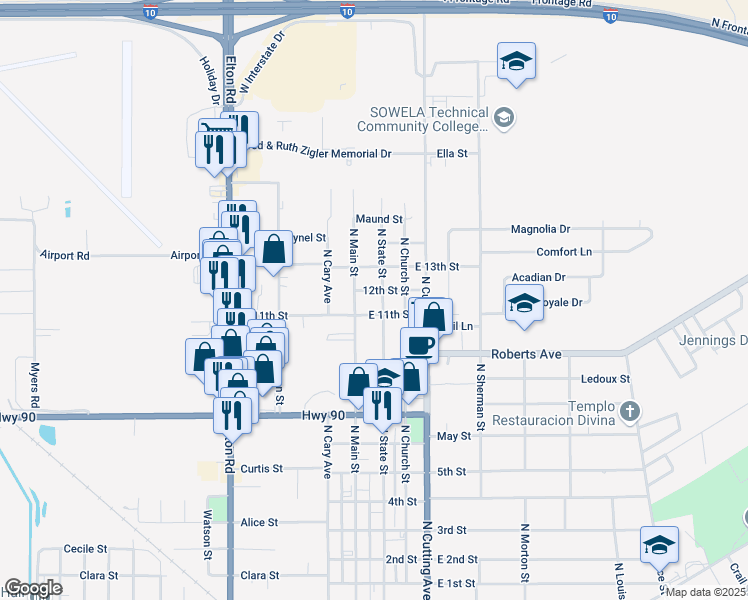 map of restaurants, bars, coffee shops, grocery stores, and more near 200-298 East 11th Street in Jennings