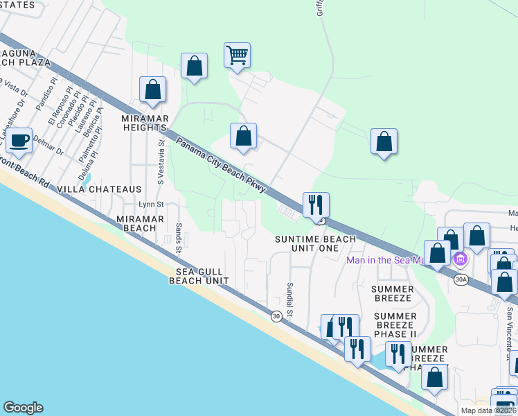 map of restaurants, bars, coffee shops, grocery stores, and more near in Panama City Beach