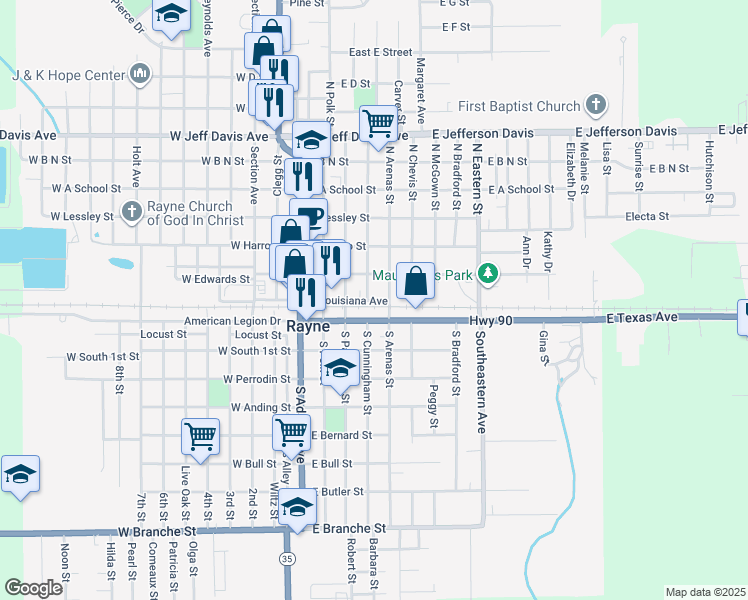 map of restaurants, bars, coffee shops, grocery stores, and more near 403 East Louisiana Avenue in Rayne