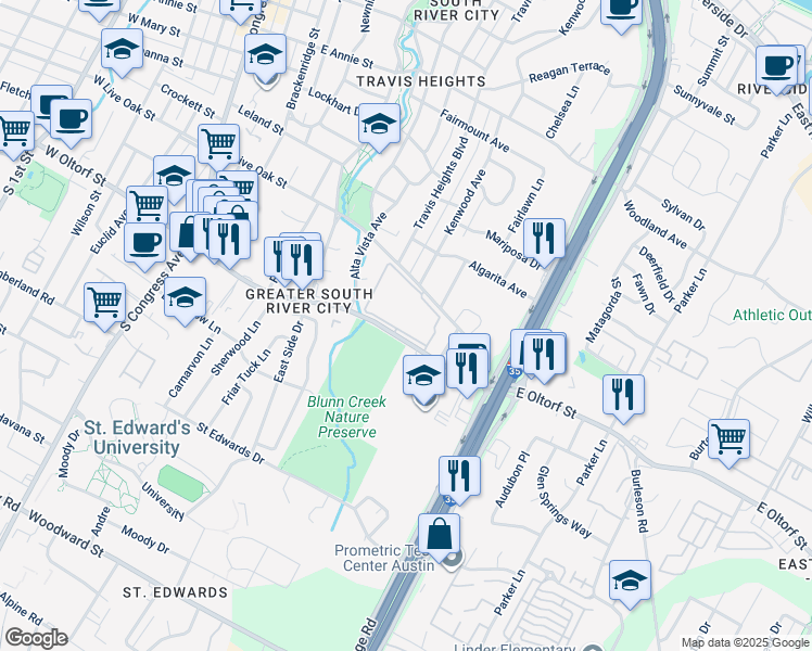 map of restaurants, bars, coffee shops, grocery stores, and more near 1110 East Oltorf Street in Austin