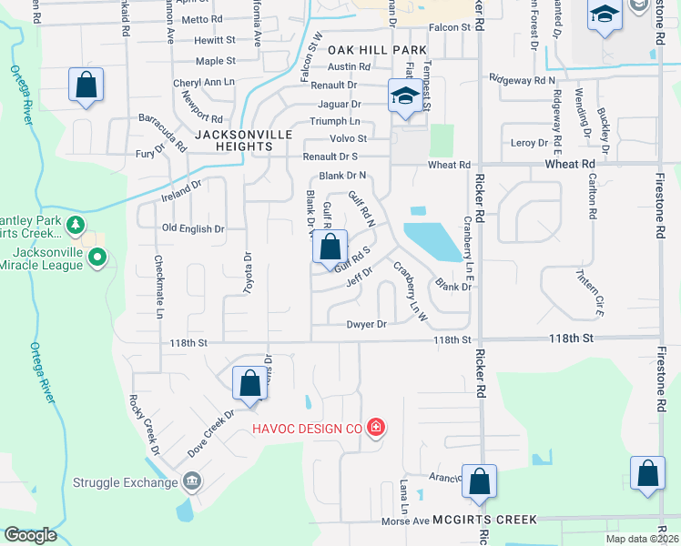 map of restaurants, bars, coffee shops, grocery stores, and more near 7961 Jeff Drive in Jacksonville