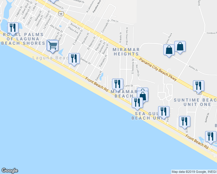 map of restaurants, bars, coffee shops, grocery stores, and more near 17876 Front Beach Road in Panama City Beach