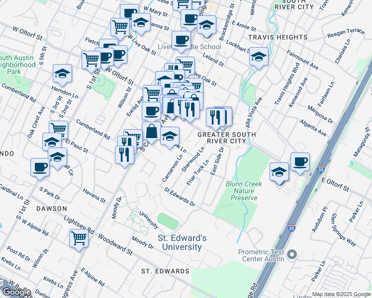 map of restaurants, bars, coffee shops, grocery stores, and more near 503 Long Bow Lane in Austin