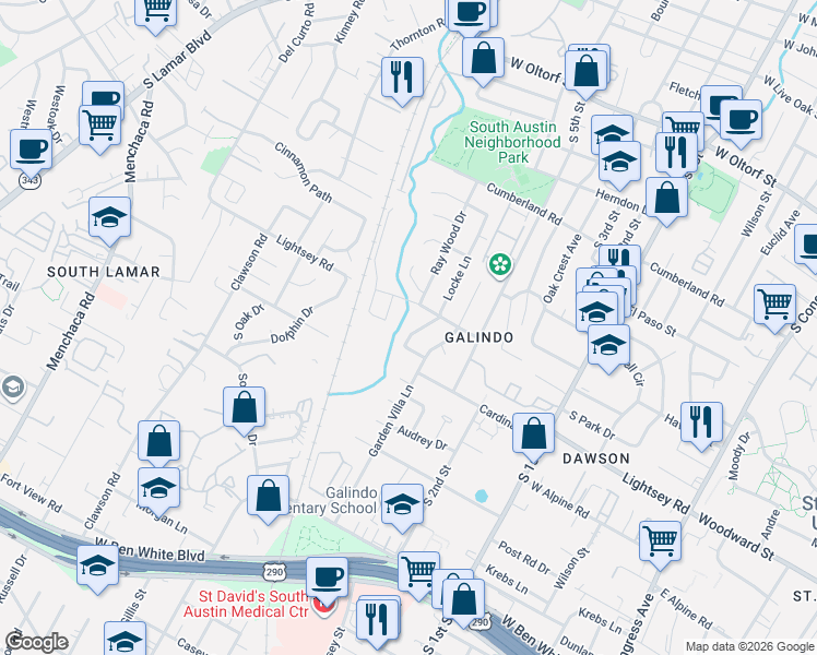 map of restaurants, bars, coffee shops, grocery stores, and more near 3304 Locke Lane in Austin
