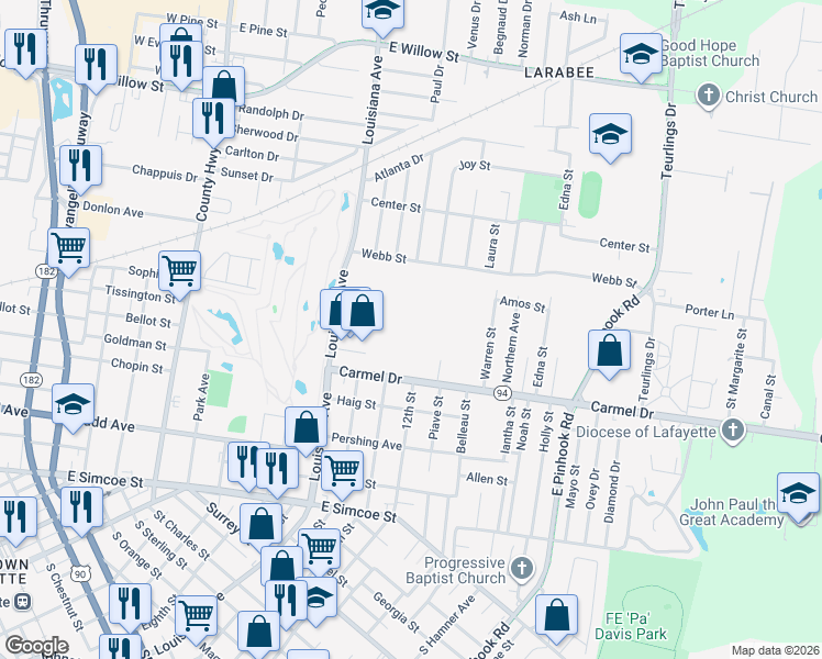 map of restaurants, bars, coffee shops, grocery stores, and more near 421 Carmel Drive in Lafayette