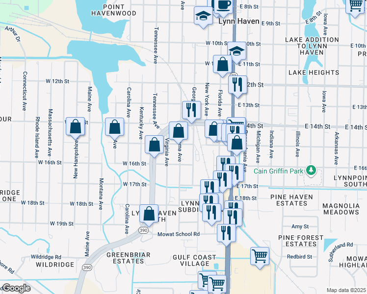 map of restaurants, bars, coffee shops, grocery stores, and more near 1501 Alabama Avenue in Lynn Haven