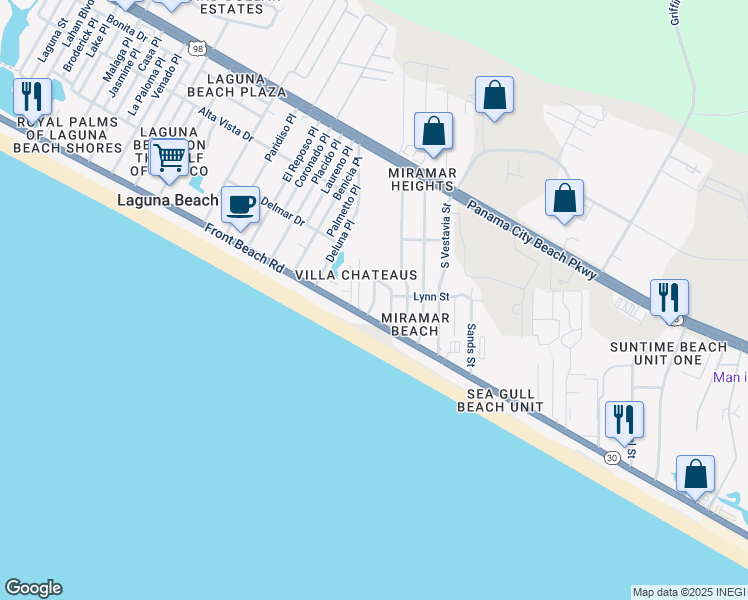 map of restaurants, bars, coffee shops, grocery stores, and more near Sea Kove Street in Panama City Beach