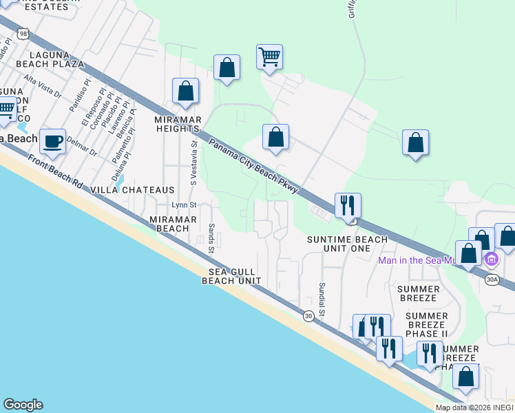 map of restaurants, bars, coffee shops, grocery stores, and more near 17751 Panama City Beach Parkway in Panama City Beach