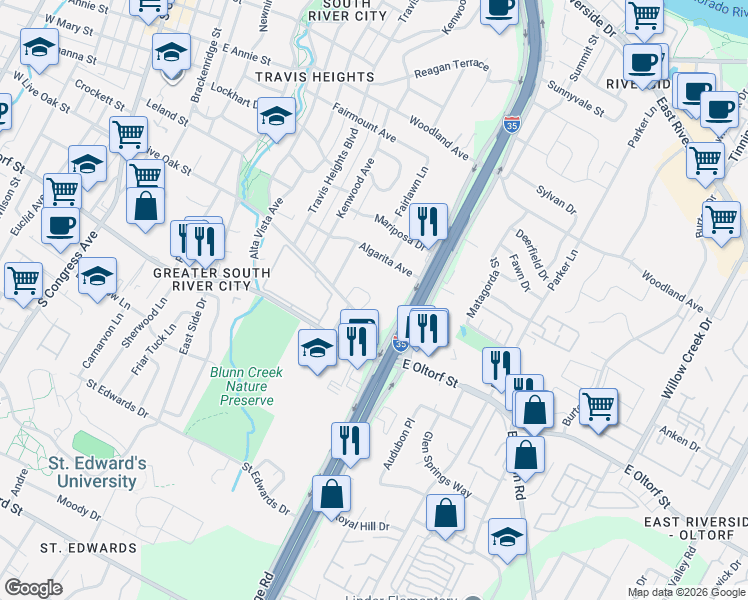 map of restaurants, bars, coffee shops, grocery stores, and more near 2140 Sage Creek Loop in Austin