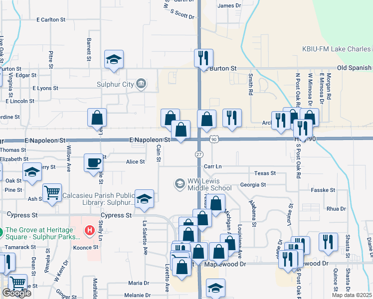 map of restaurants, bars, coffee shops, grocery stores, and more near 1421 Beglis Parkway in Sulphur