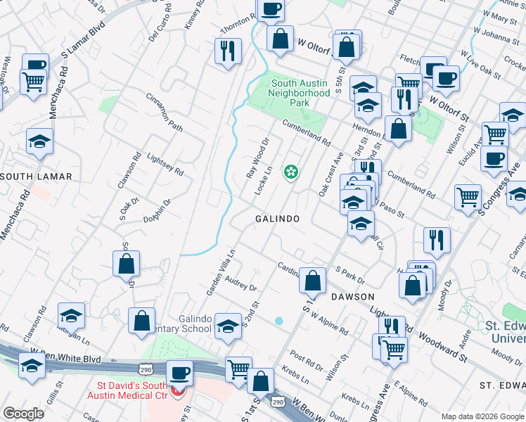 map of restaurants, bars, coffee shops, grocery stores, and more near 3204 Garden Villa Lane in Austin