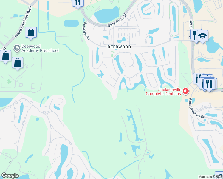 map of restaurants, bars, coffee shops, grocery stores, and more near 7745 Burnt Oak Trail in Jacksonville