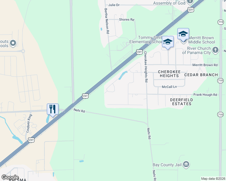 map of restaurants, bars, coffee shops, grocery stores, and more near 5300 Frank Hough Road in Panama City