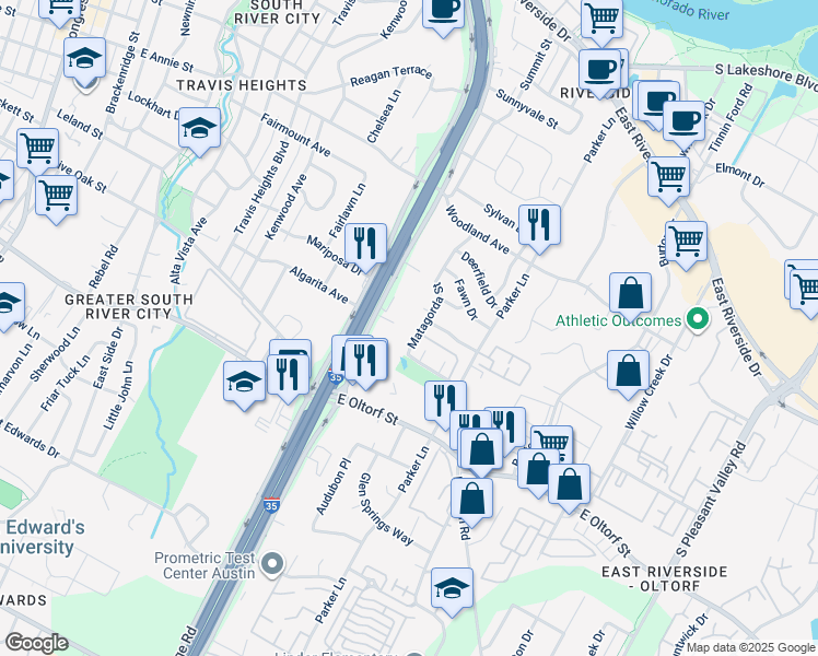 map of restaurants, bars, coffee shops, grocery stores, and more near 2001 South Interstate 35 Frontage Road in Austin