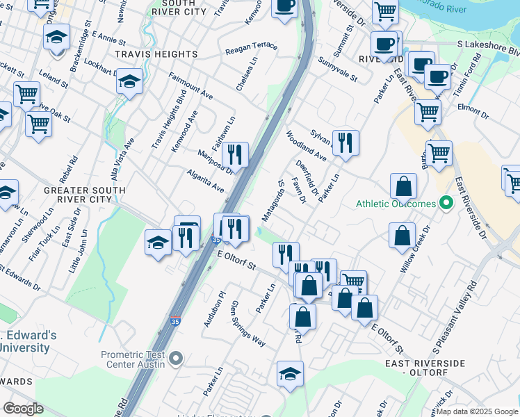 map of restaurants, bars, coffee shops, grocery stores, and more near 2001 South Interstate 35 Frontage Road in Austin