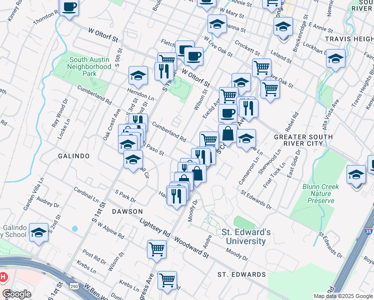 map of restaurants, bars, coffee shops, grocery stores, and more near 302 El Paso Street in Austin